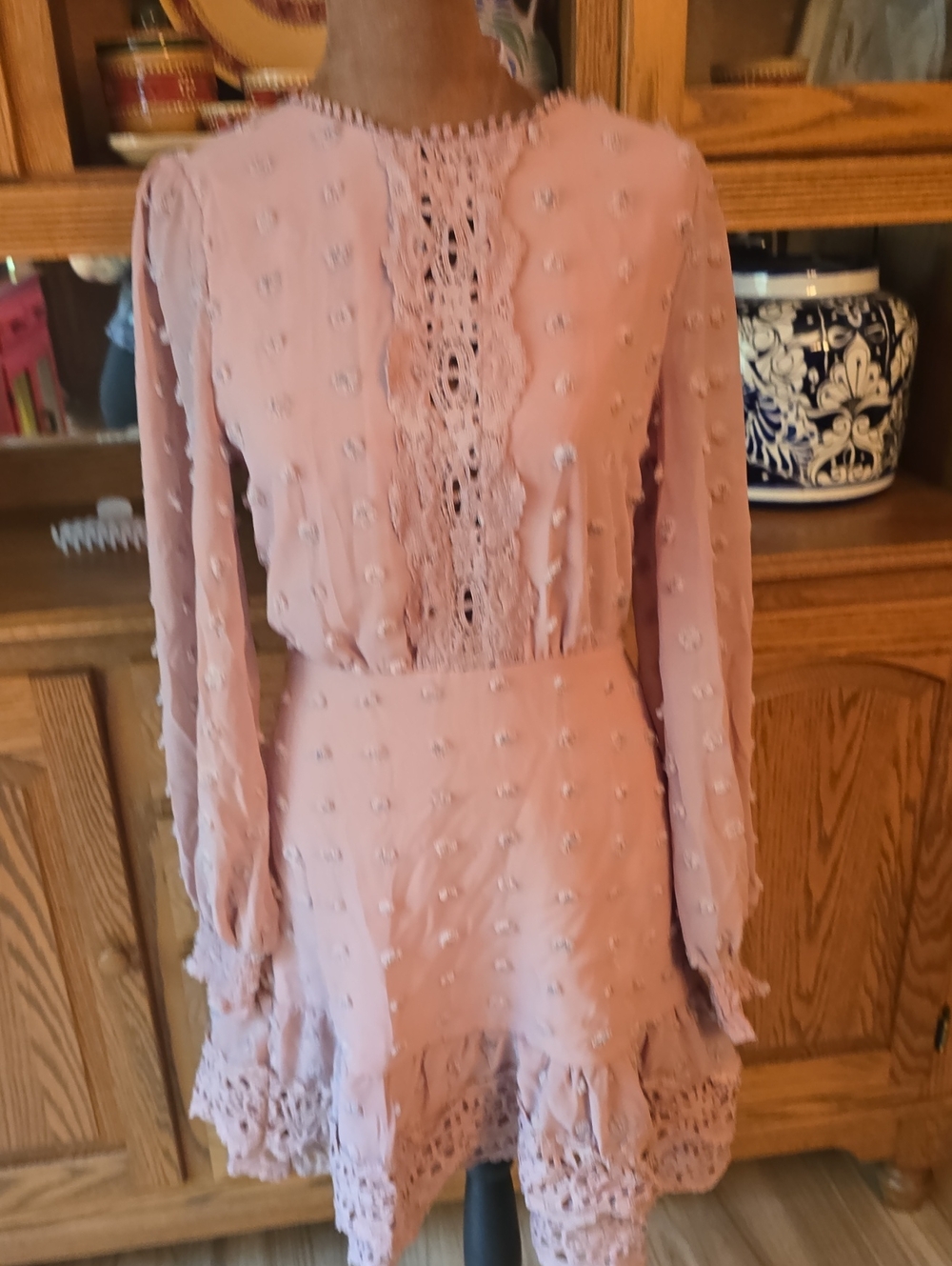 Simple Blush Pink Long Sleeve Lace-Accent Dress
